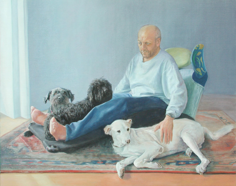 H.F. mit Hunden, 2004, Tempera- und Ölfarben auf Leinwand, 120 x 150 cm