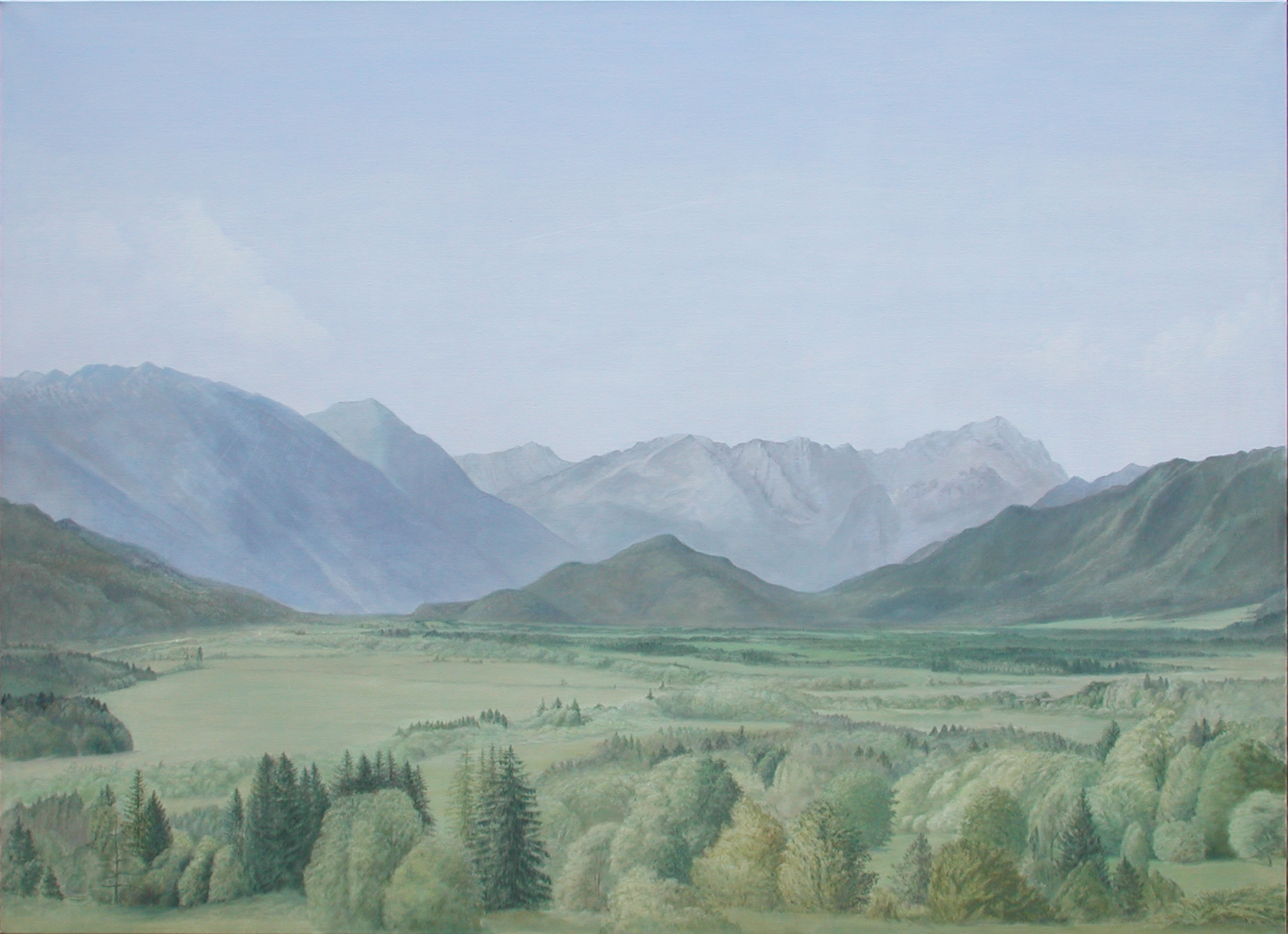 Landschaft mit 1 Flugzeug, 2 Häusern und 5 Autos, 2002, Tempera/Ölfarben auf Leinwand, 160 x 220 cm